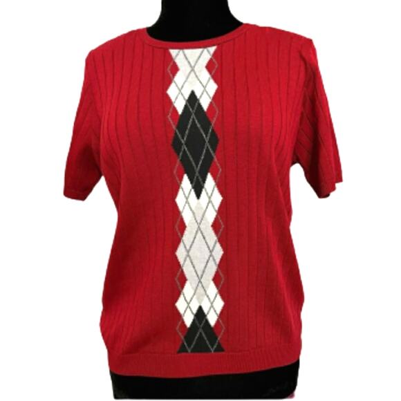 Vintage Alfred Dunner Argyle Short Sleeve Red Pullover Knit Sweater Top Medium - Picture 1 of 11